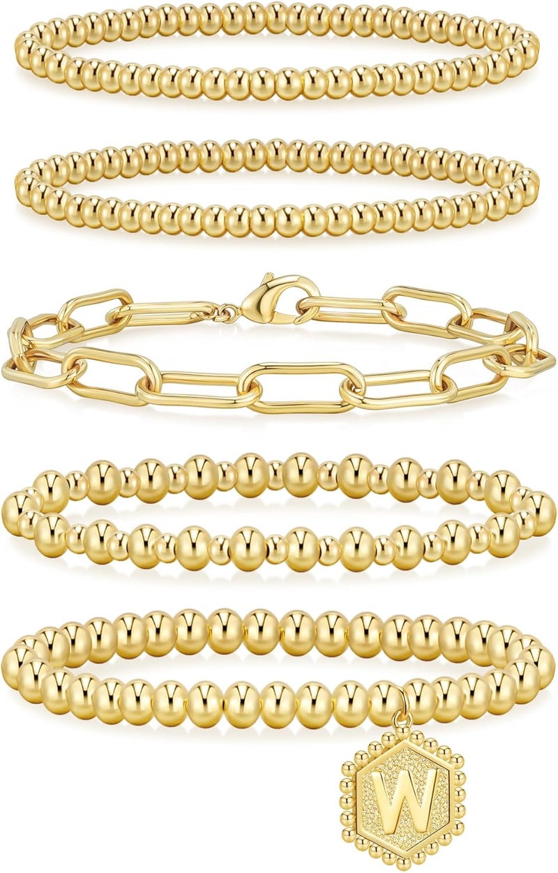 adoyi Gold Bracelets for Women Waterproof, 14K Gold Plated Beaded Strand Bead Ball Bracelets stack Adjustable Jewelry Set for Gifts - Image 1